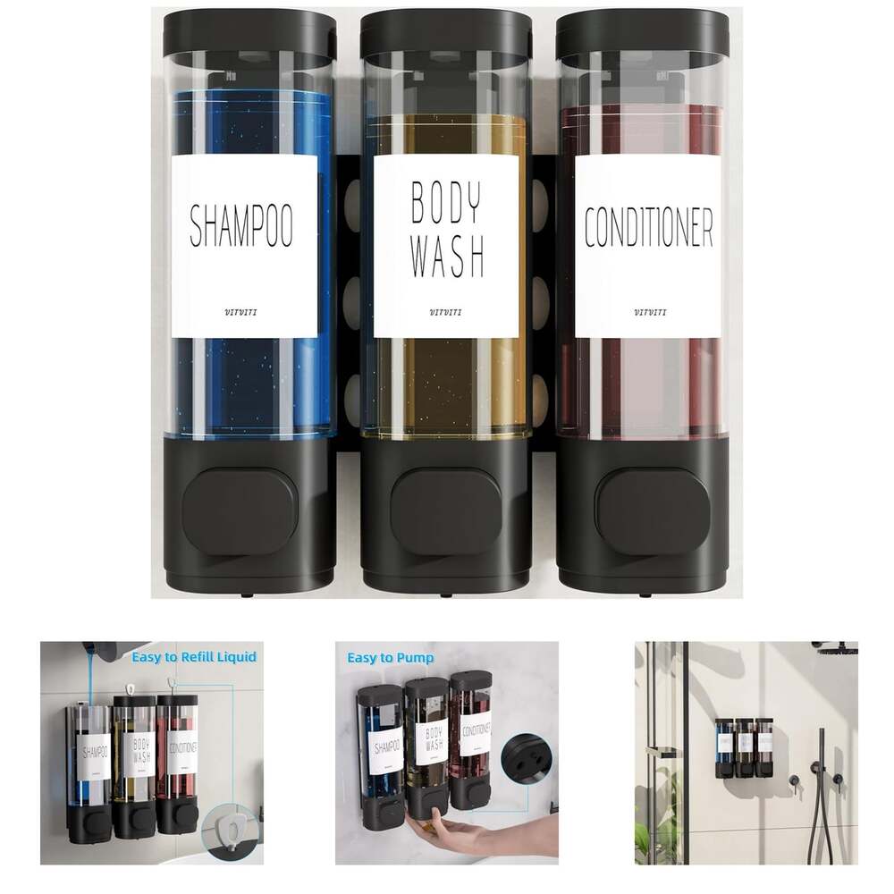 Shampoo Conditioner Dispenser Wall Mount No Drill 10.2 Oz Plastic Refillable